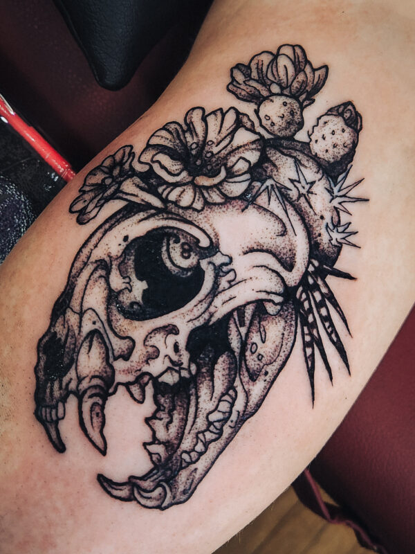 Cat Skull and Mushroom Flowers Tattoo