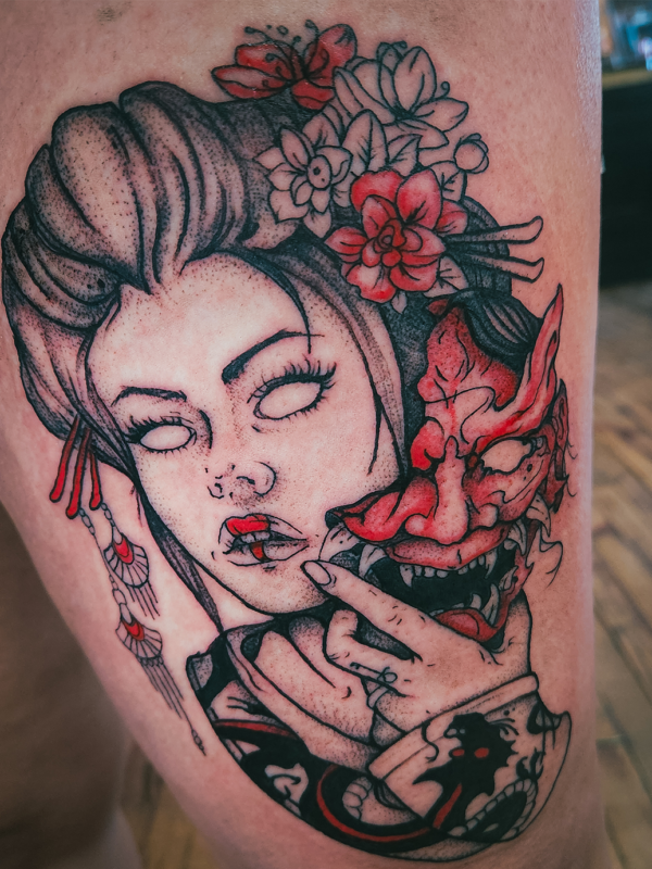 Geisha and Oni Mask Tattoo