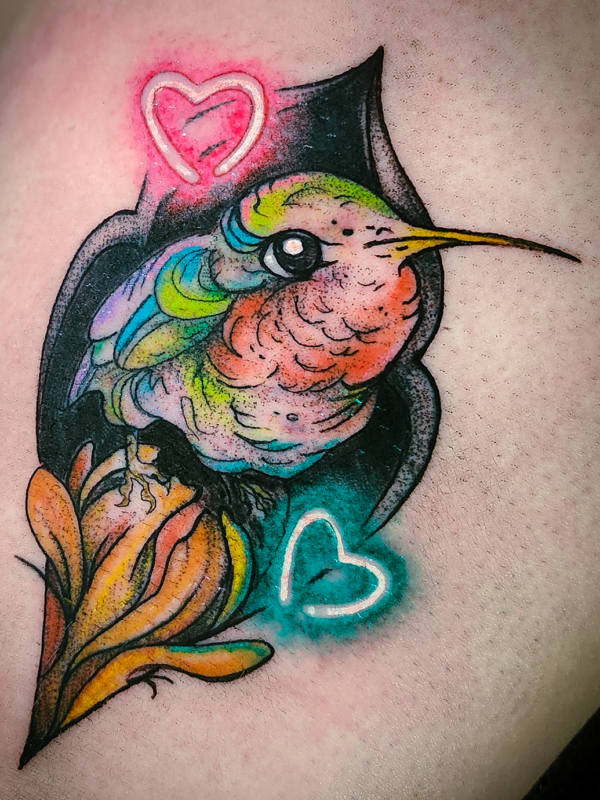 Neon Hearts and Hummingbird Flower Tattoo